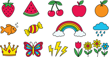Cute Colorful Sticker Pack with Fruits Animals Weather and Nature Icons Set for Kids Design and Print © MdRezaul