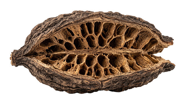 Intricate cross section of a woody dried botanical husk showcasing empty porous internal chambers