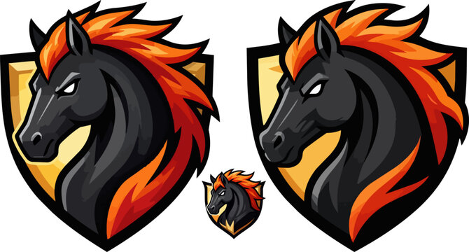Aggressive black stallion mascot logo with orange fire mane, fierce horse head on gold shield crest, esports gaming vector emblem set