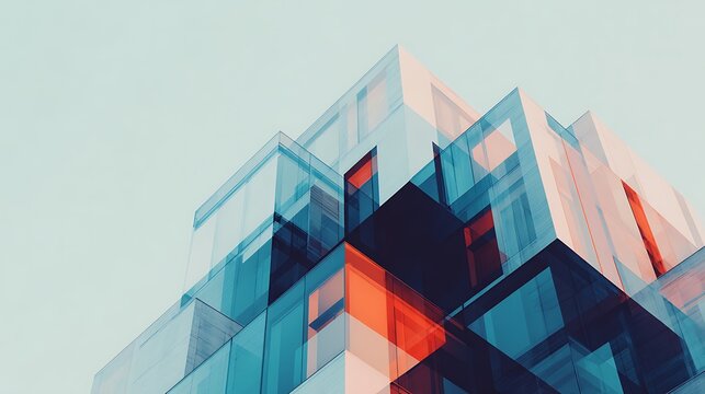 A modern glass building with overlapping reflections and geometric shapes under a pale sky, featuring blue and orange hues.