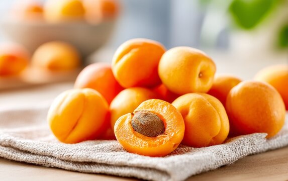 Fresh ripe apricot fruit with pit on fabric napkin bright natural light
