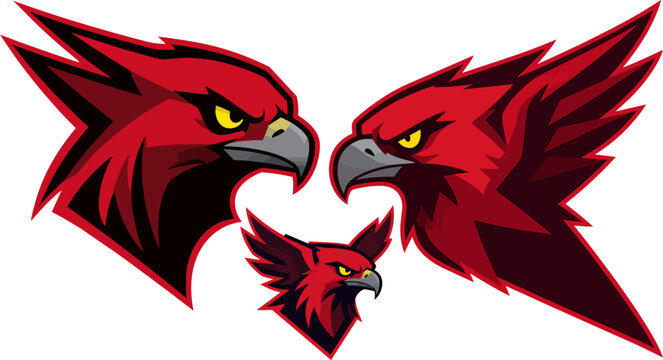 Aggressive red eagle mascot head set, fierce hawk bird of prey vector illustrations, red cardinal sports team logos with sharp feathers and angry eyes