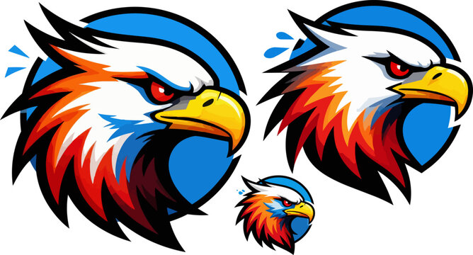 Eagle mascot head vector set, aggressive bird of prey esports logo, fierce bald eagle profile with red eyes and blue circle background