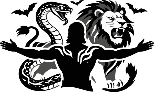 Gladiator warrior silhouette facing wild animals, brave man with lion and cobra snake vector, heroic fighter with bats in black and white