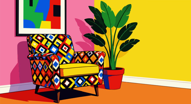 Vibrant pop art living room interior, colorful armchair with geometric patterns, modern home decor with tropical plant and abstract wall art vector
