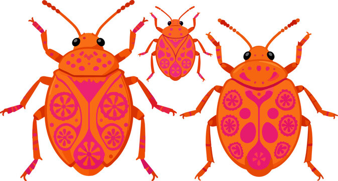 Vibrant orange beetle vector set, decorative insect illustrations with pink patterns, stylized shield bug graphics for nature design projects