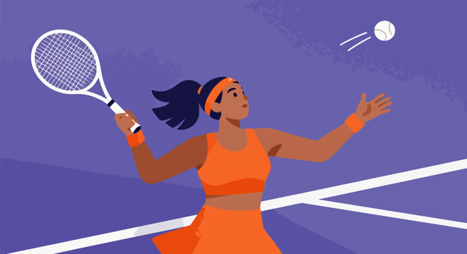 Female tennis player serving ball on court, athletic woman in orange sportswear playing tennis match, flat vector illustration of professional athlete