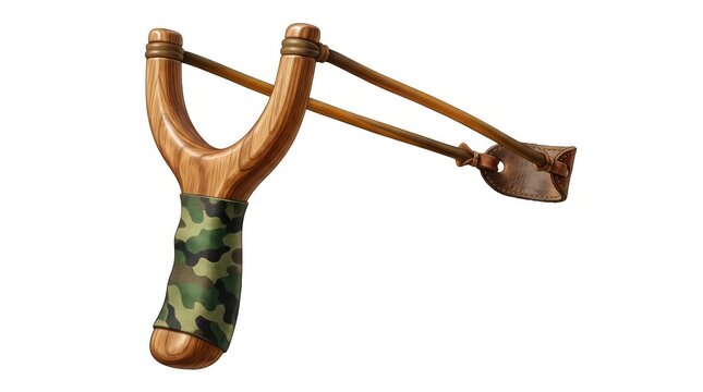 Traditional wooden slingshot in hand. Rustic outdoor hunting tool for kids and adults.
