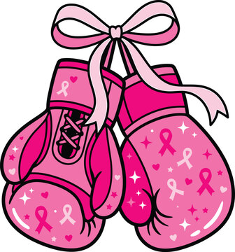 Breast cancer awareness halloween vector featuring pink boxing gloves with ribbons tied together for a strong fight against cancer graphic design