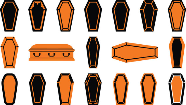 Collection of black and orange coffins and caskets in various styles on a white background with victorian coffin ornate coffin halloween mourning religious