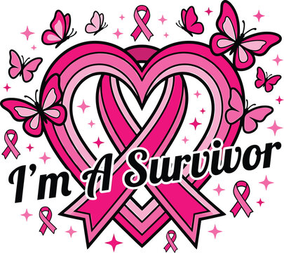 Breast cancer awareness halloween vector design featuring a pink ribbon heart with butterflies and the inspirational text i am a survivor