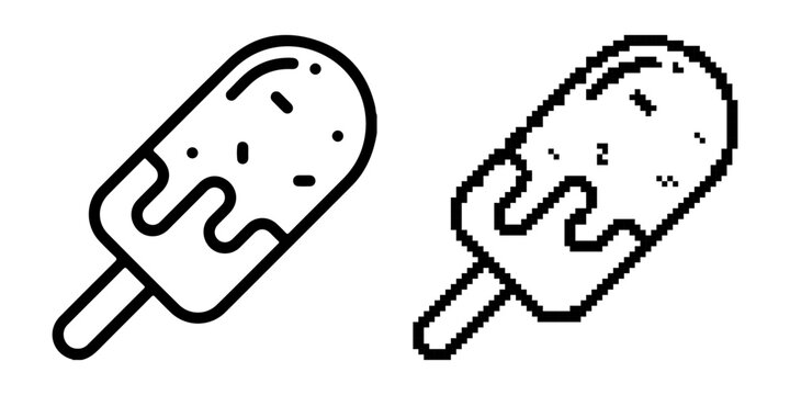 Black outline and pixel ice cream bar on white popsicle frozen