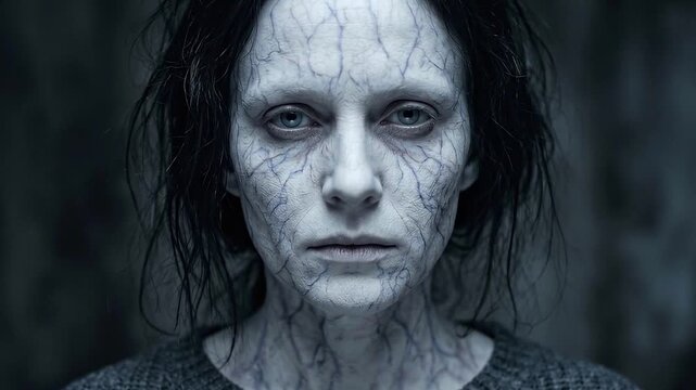 Eerie portrait of a zombie pale woman with visible veins on her face and neck, looking directly at the camera