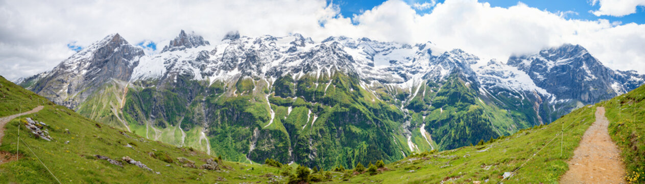 View of Mount Titlis and the glacier range from the Grotzliweg trail on Furenalp, switzerland
