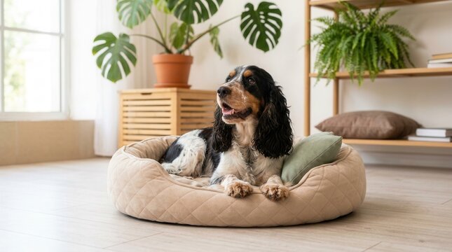 Cute cocker spaniel dog relaxing in a pet bed located in the living room