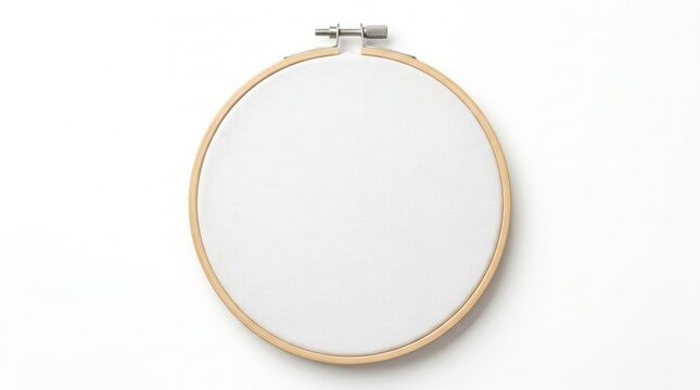Embroidery hoop made of wood with canvas fabric isolated on white background