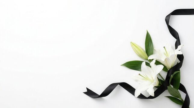 Space for text on white background with a black funeral ribbon and beautiful lily flowers