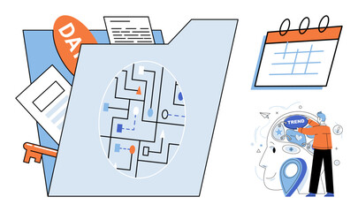 Folder with data charts, calendar, and person analyzing brain icons vector illustration. Business strategy, project management, information organization, market research, planning, workflow. Document © Dmytro