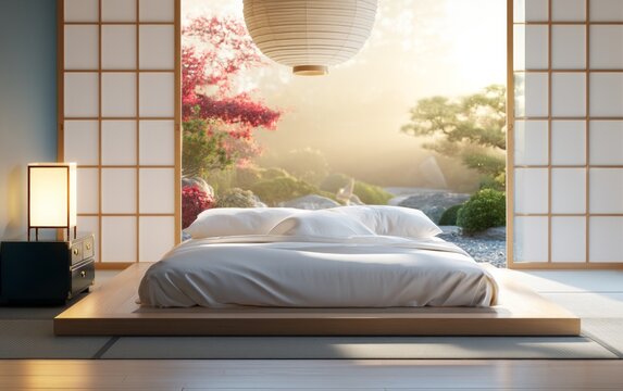 Minimalist Japanese style bedroom with futon and garden view at sunrise