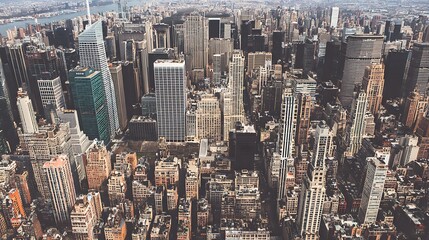 Fototapeta premium Top-down view of a dense urban area with tall buildings and a complex street grid