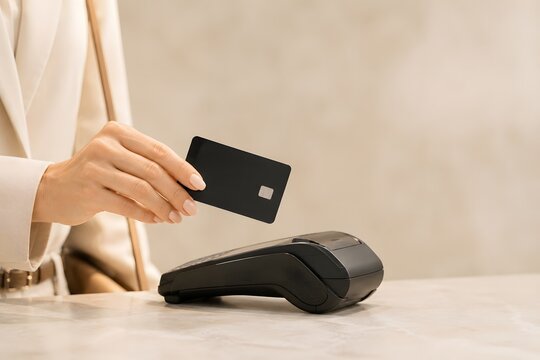 Contactless bank card payment above POS terminal with copy space