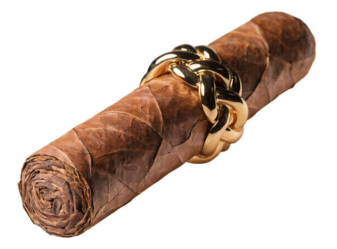 A brown cigar wrapped with a shiny gold chain ring, isolated on a plain white background, representing wealth and luxury isolated on a transparent background