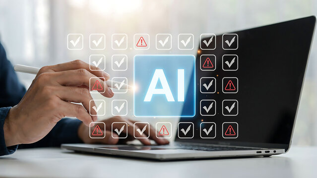 Person using laptop computer with virtual AI artificial intelligence interface checklist computer technology interface checklist business software processing automation innovation computing