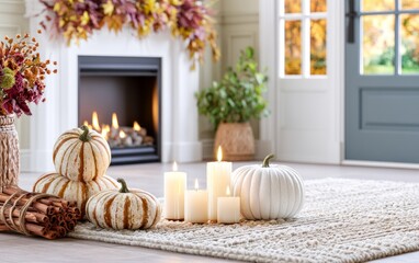 Obraz premium Cozy indoor autumn scene with pumpkins candles and fireplace for fall decorating