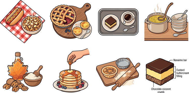 Canadian Cuisine Cooking Vector Illustration Set Featuring Poutine Hot Dog Maple Syrup Pancakes Nanaimo Bar Butter Tart and Soup Food Scenes