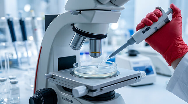 Medical researcher using pipette for sample analysis with microscope laboratory research chemistry