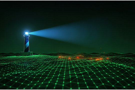 Abstract lighthouse glowing over digital grid network at night with lighthouse technology abstract connection internet futuristic communication security illuminated landscape information