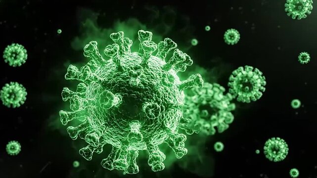 3D CGI animation featuring a large, highly detailed green coronavirus-like particle (with prominent spike proteins) glowing brightly in the center against a dark black background.