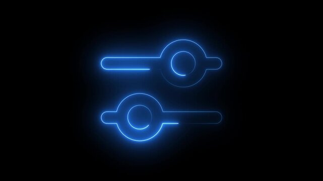Glowing blue settings sliders icon. Digital interface control buttons for web applications.