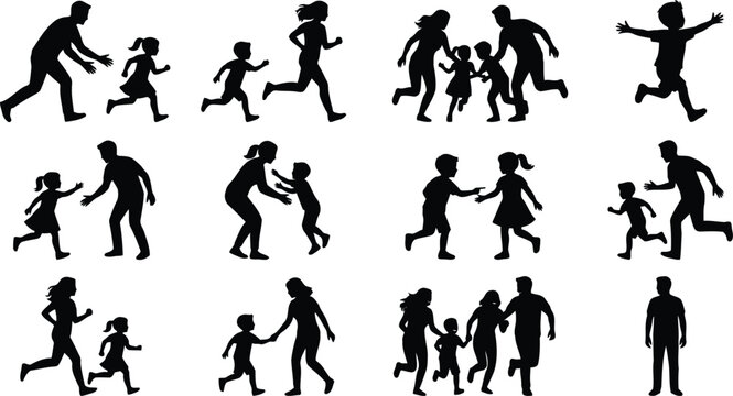 Collection of black silhouettes showing parents and children playing, running, and interacting together in various active outdoor poses