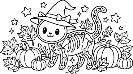 Cute cat skeleton character dressed as a witch with a hat and magic wand surrounded by pumpkins and autumn leaves for a coloring page © FayazAhmed