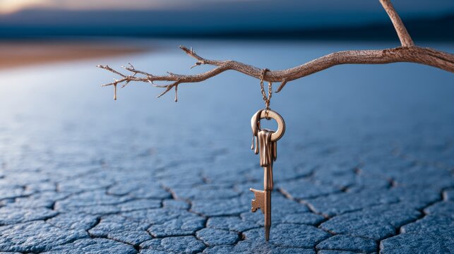 Single metal key hanging from a dry tree branch over cracked ground with blurred landscape background