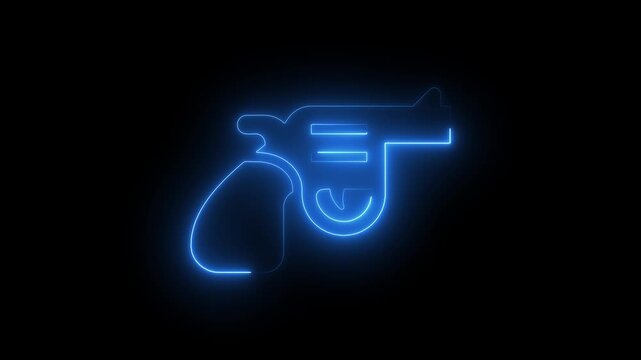 Glowing blue neon revolver icon. Digital illustration of a handgun silhouette on black.