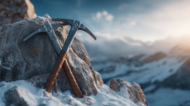 Two ice axe tools resting on rocky snow surface with mountain landscape background