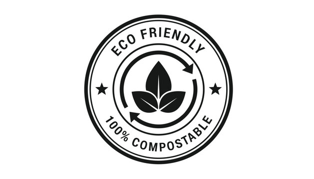 Professional circular stamp design in black and white certifying eco friendly and one hundred percent compostable products.