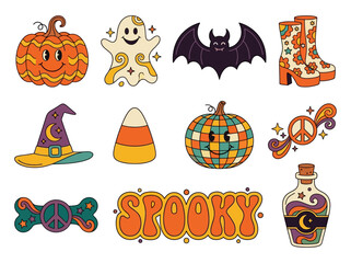 Fototapeta premium Retro Halloween Sticker Set with Groovy Pumpkin and Spooky Icons Vector