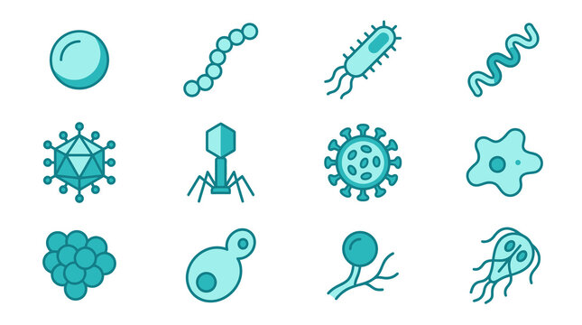 Professional Set of Diverse Microorganisms and Viruses in Teal and Light Blue Shades for Medical and Educational Use