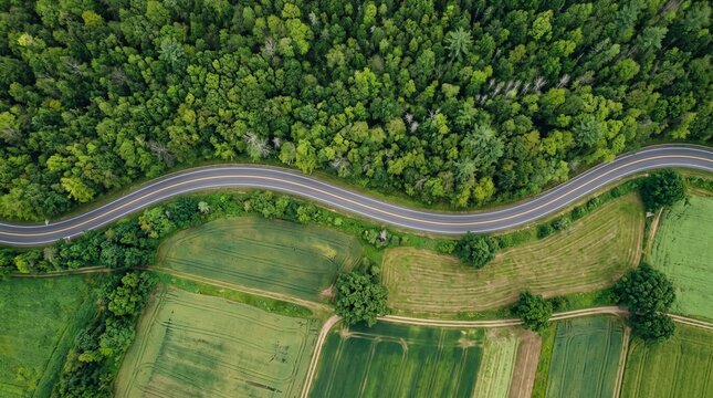 Winding Road Through Forest and Fields