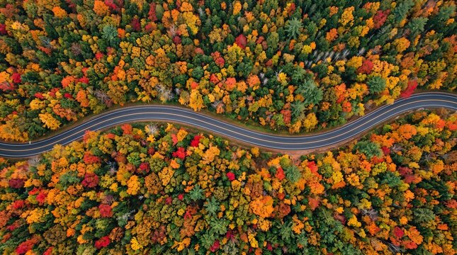 Autumn Serenity: An aerial view captures a winding road cutting through a vibrant forest ablaze with the fiery hues of autumn foliage, inviting a journey of natural beauty.