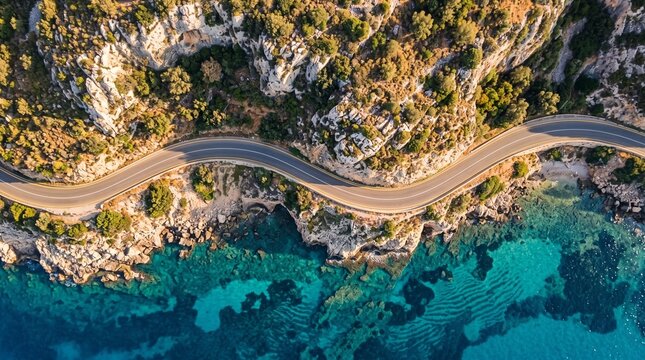 Coastal Road: An aerial view reveals a winding asphalt road hugging a rugged cliffside, with the turquoise Mediterranean Sea stretching out below.