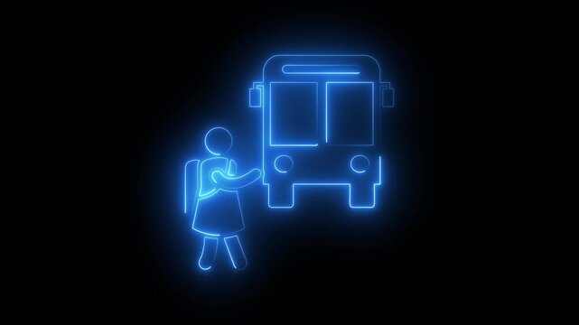 Glowing neon blue icon of a student waiting for a bus on a dark black background