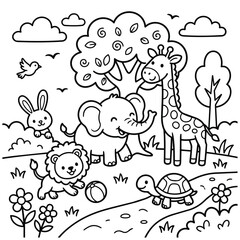Obraz premium Cute Safari Animals Coloring Page for Kids with Elephant Giraffe Tortoise