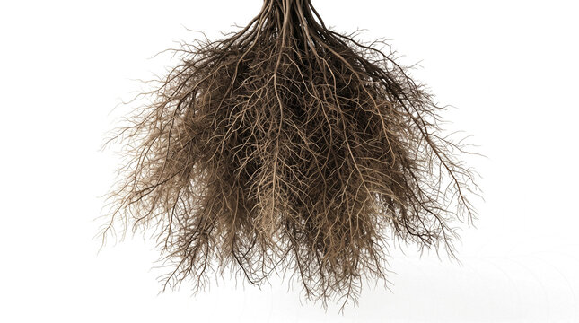 Intricate network of fibrous plant roots displaying a complex branching subterranean structure