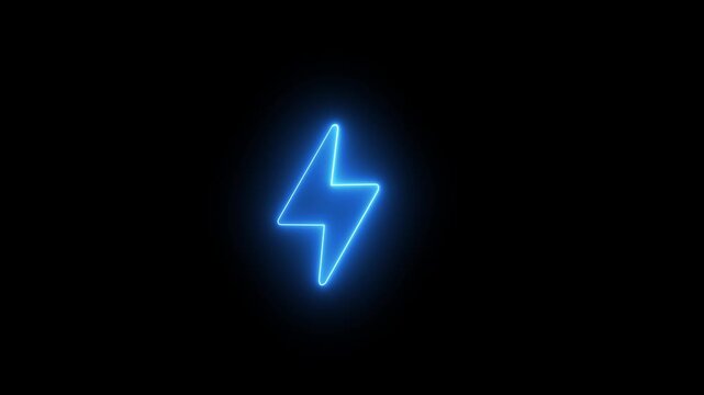 Glowing blue neon lightning bolt icon. Electric energy symbol isolated on black background.
