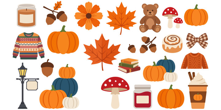 Charming Autumn Season Vector Graphics Featuring Pumpkins, Sweaters, and Fall Foliage for Cozy Seasonal Designs