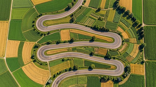 Serpentine Road Through Farmland: An aerial view showcases a winding, serpentine road cutting through a patchwork of vibrant, cultivated farmland fields.
